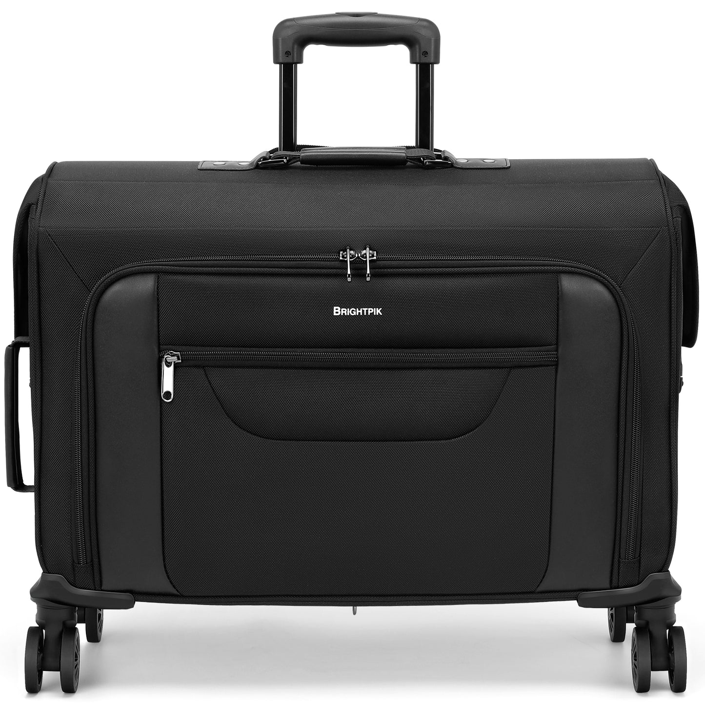 Black rolling suitcase with a visible brand logo on a white background
