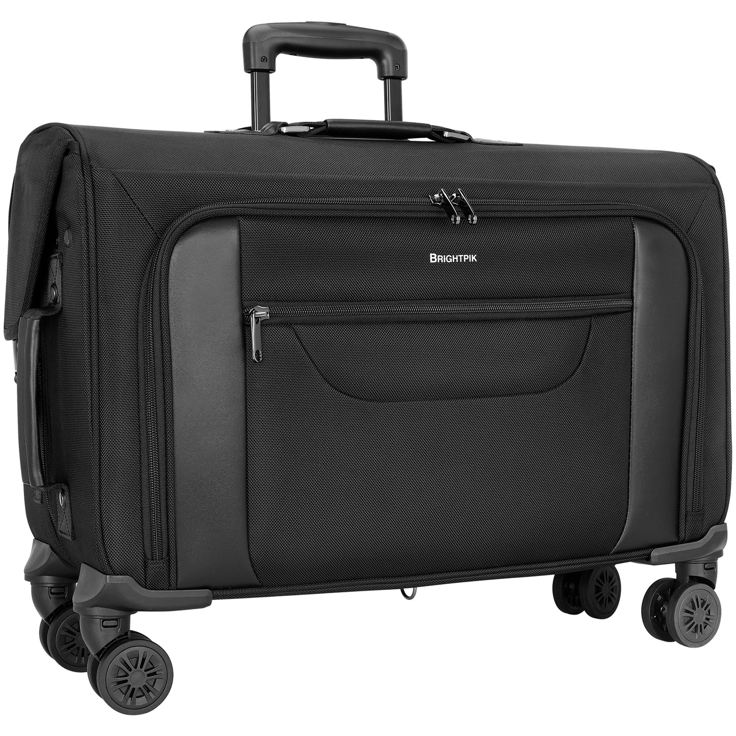 Black rolling suitcase with wheels on a white background