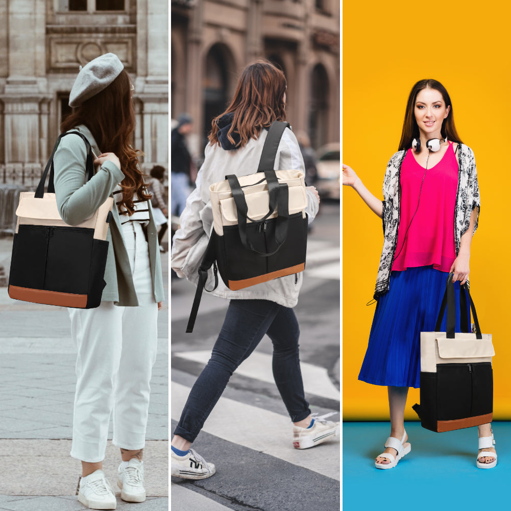Three women with different bags in various settings