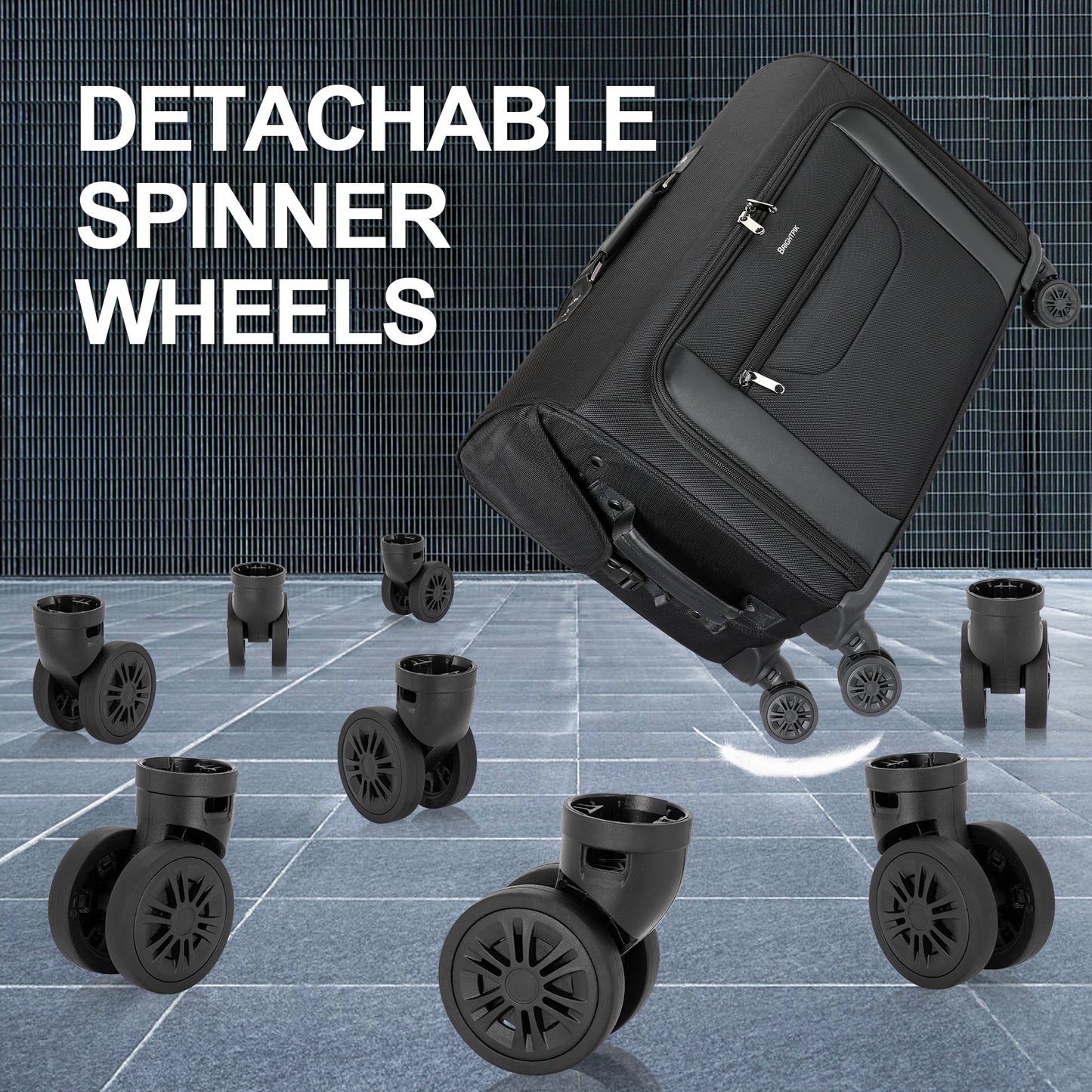 Black suitcase with detachable spinner wheels on a tiled floor background