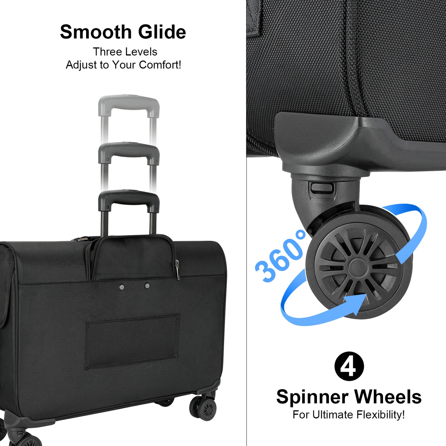 Black suitcase with adjustable handle and spinner wheels on a white background