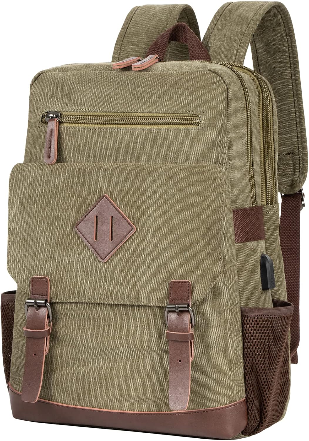 Modoker Vintage Backpack for Men Women, Canvas Bookpack Fits Most 15.6 Inches Computer and Tablets, Rucksack Backpack with USB Charging Port