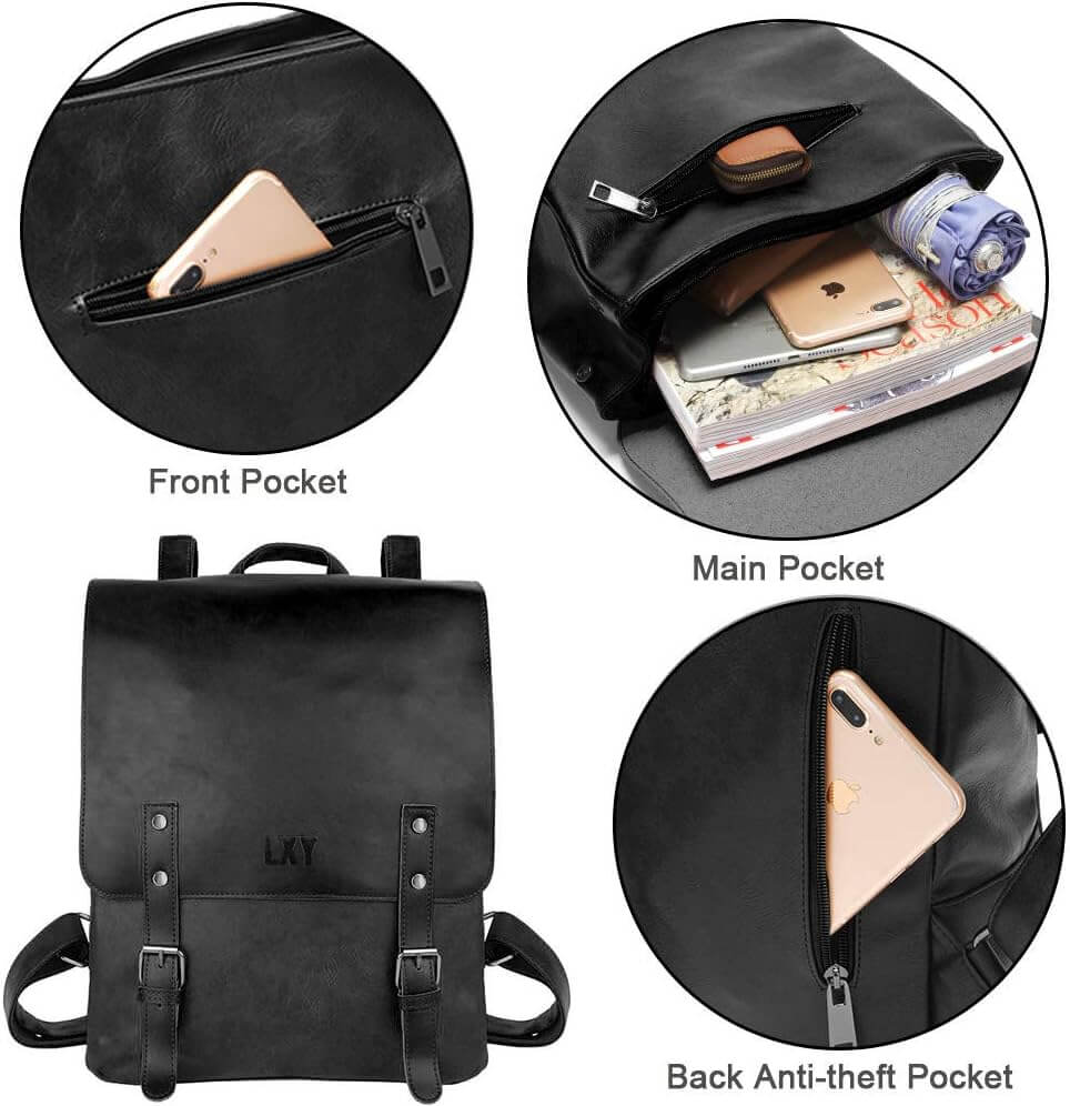 Black backpack with front, main, and back anti-theft pocket compartments.
