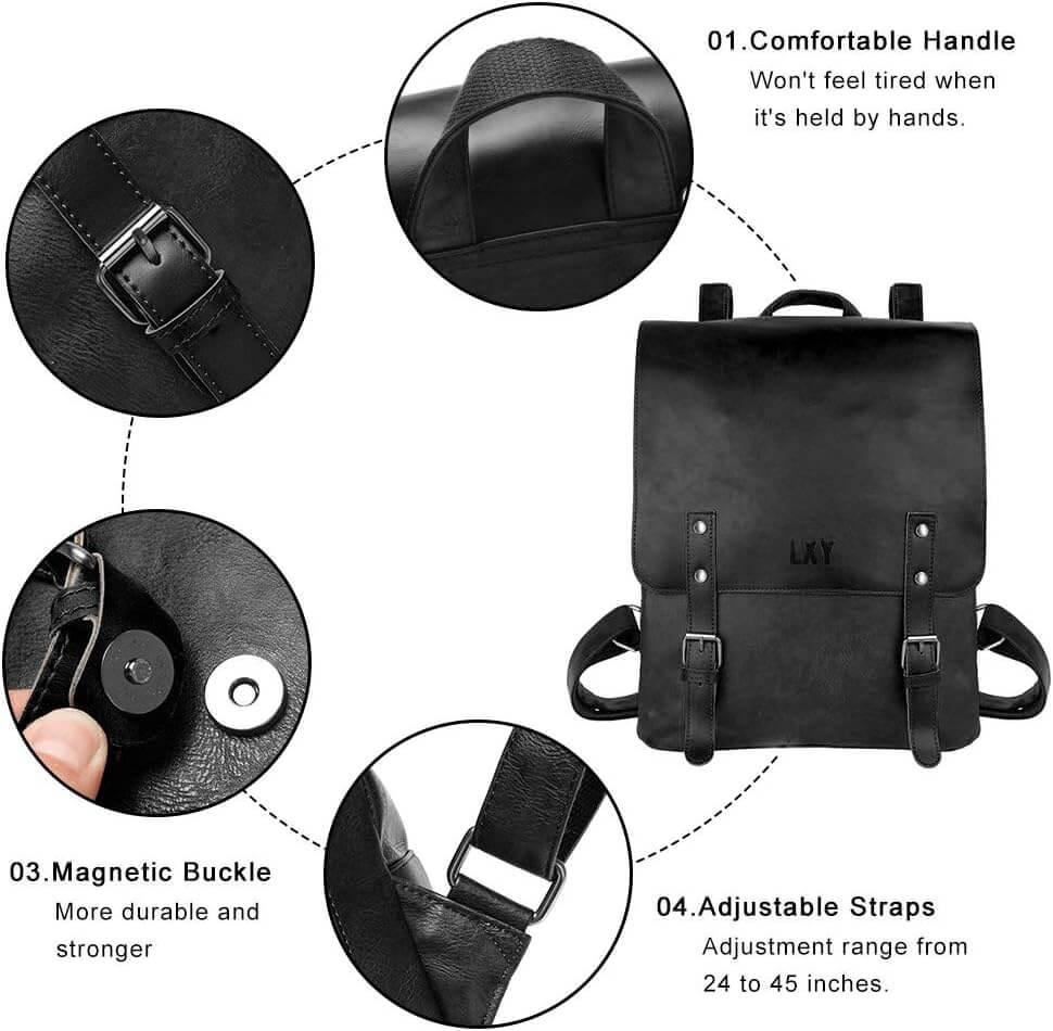 Black backpack with features highlighted, including a comfortable handle, magnetic buckle, and adjustable straps.