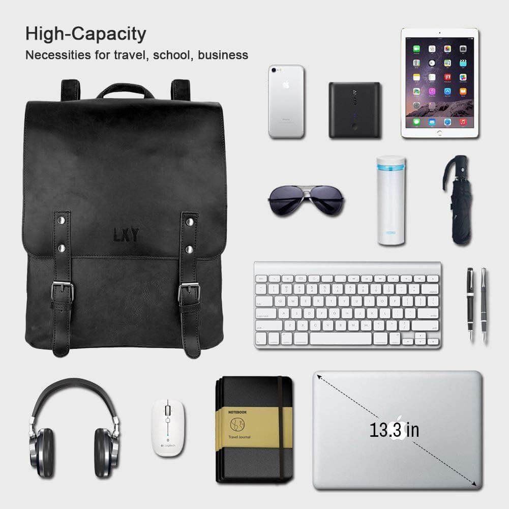 Black backpack with travel, school, and business necessities on a white background