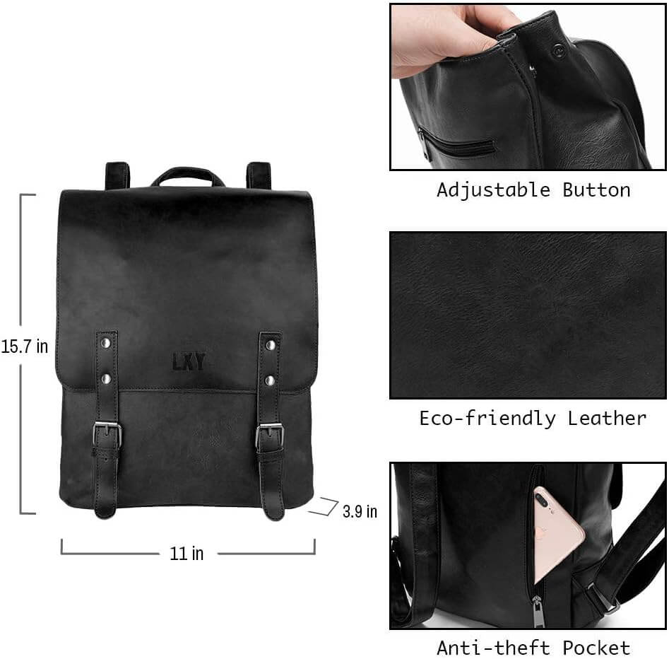 Black backpack with measurements, eco-friendly leather detail, and anti-theft pocket feature.