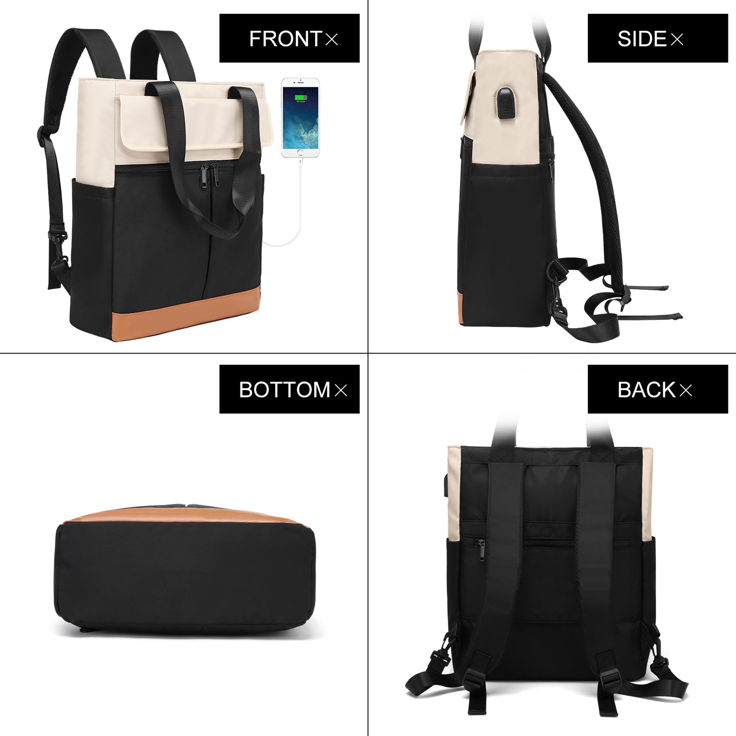 Black and beige backpack shown from front, side, bottom, and back angles.