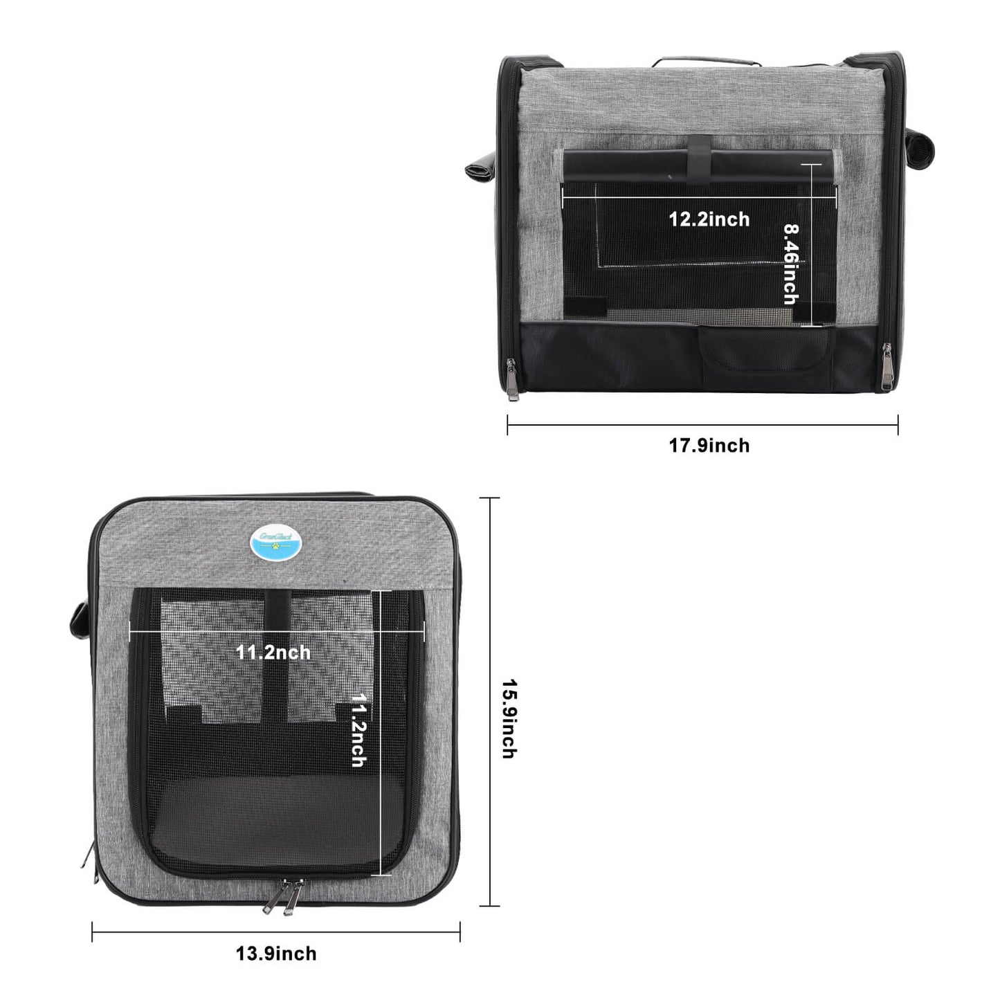 Dimensions of a gray pet carrier with measurements indicated.