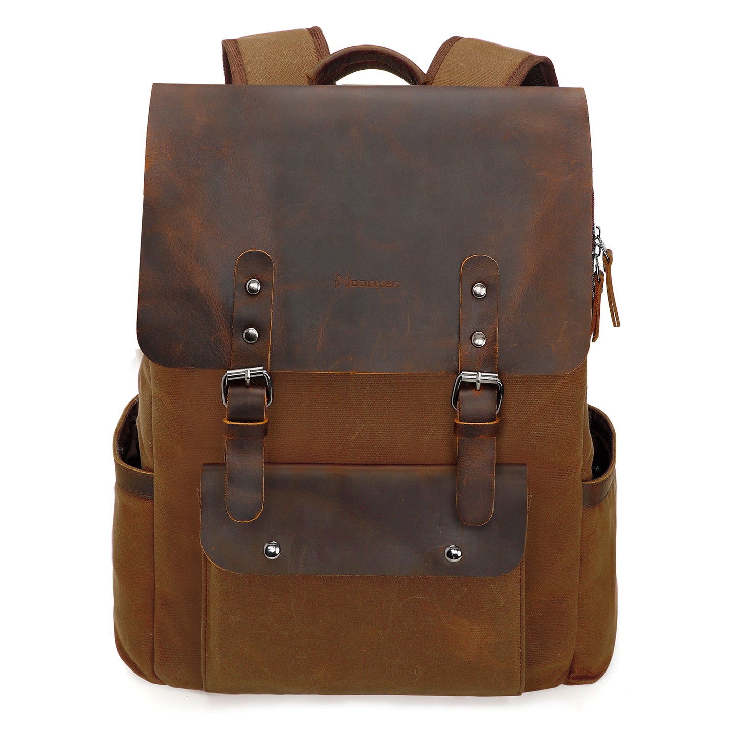 Brown leather backpack with silver buckles on a white background