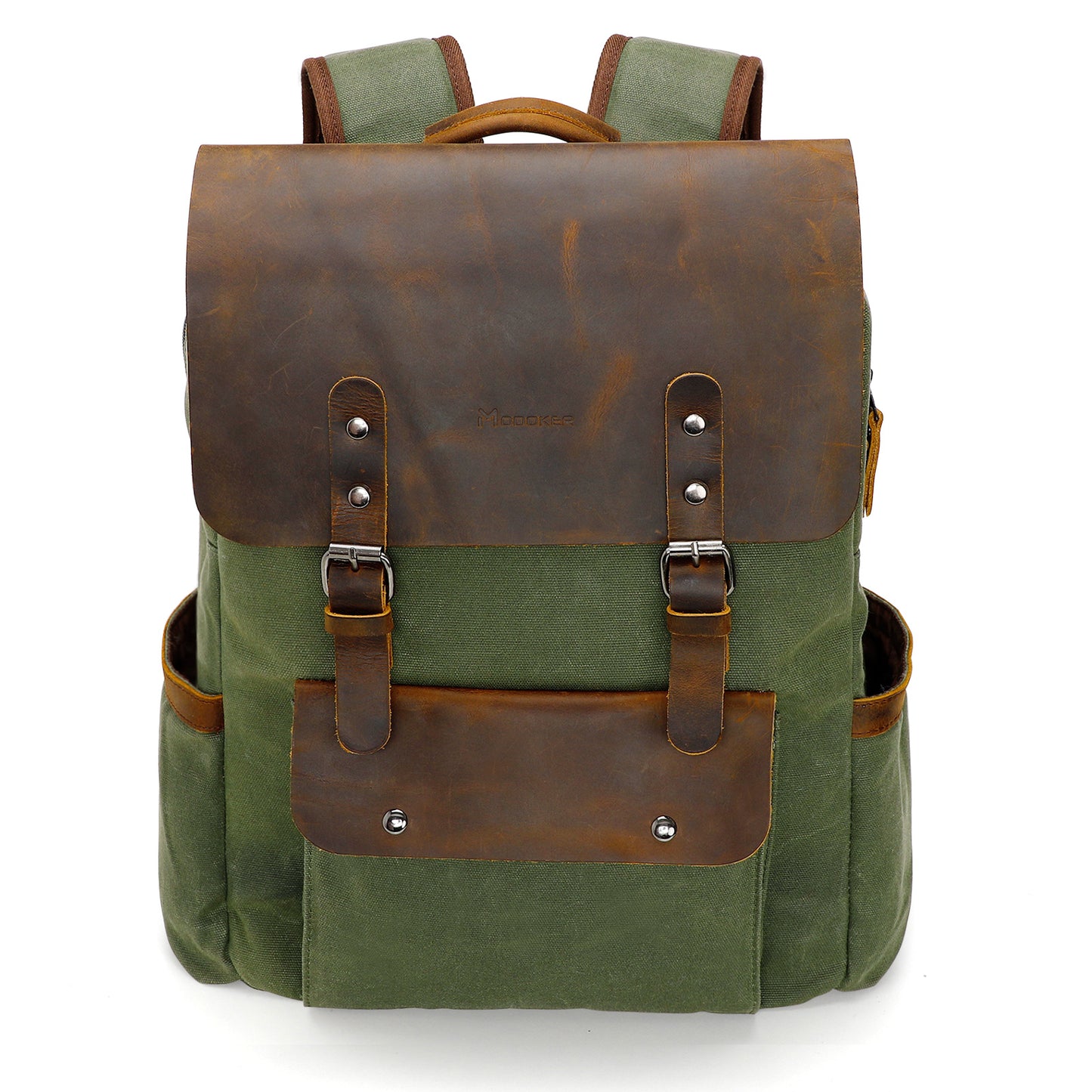 Green backpack with brown leather straps and accents on a white background