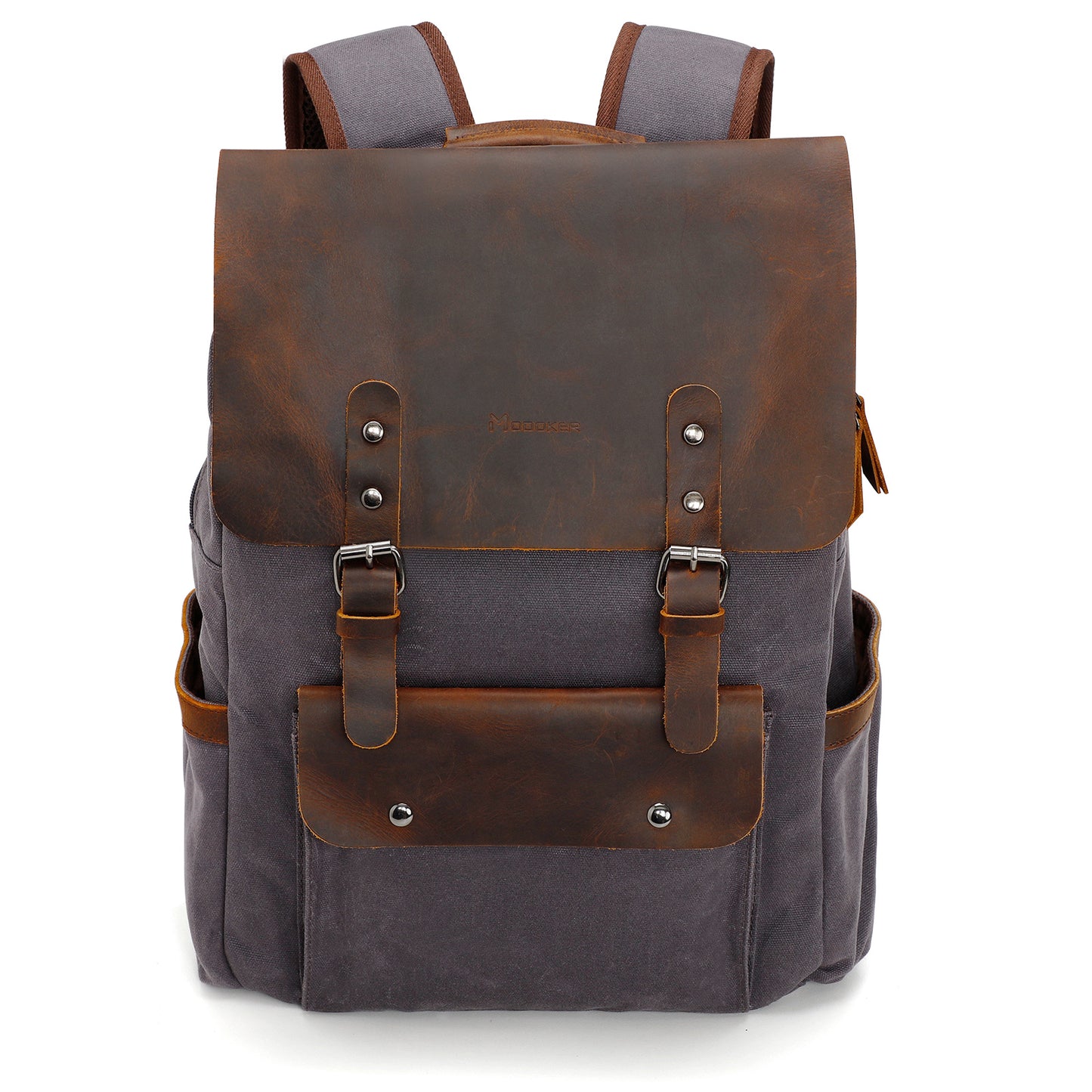 Gray and brown backpack with leather accents on a white background