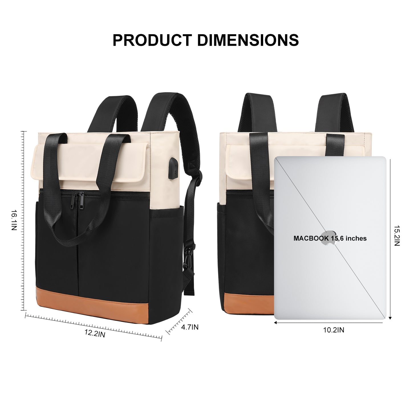Black and beige backpack with dimensions and a MacBook placeholder on a white background