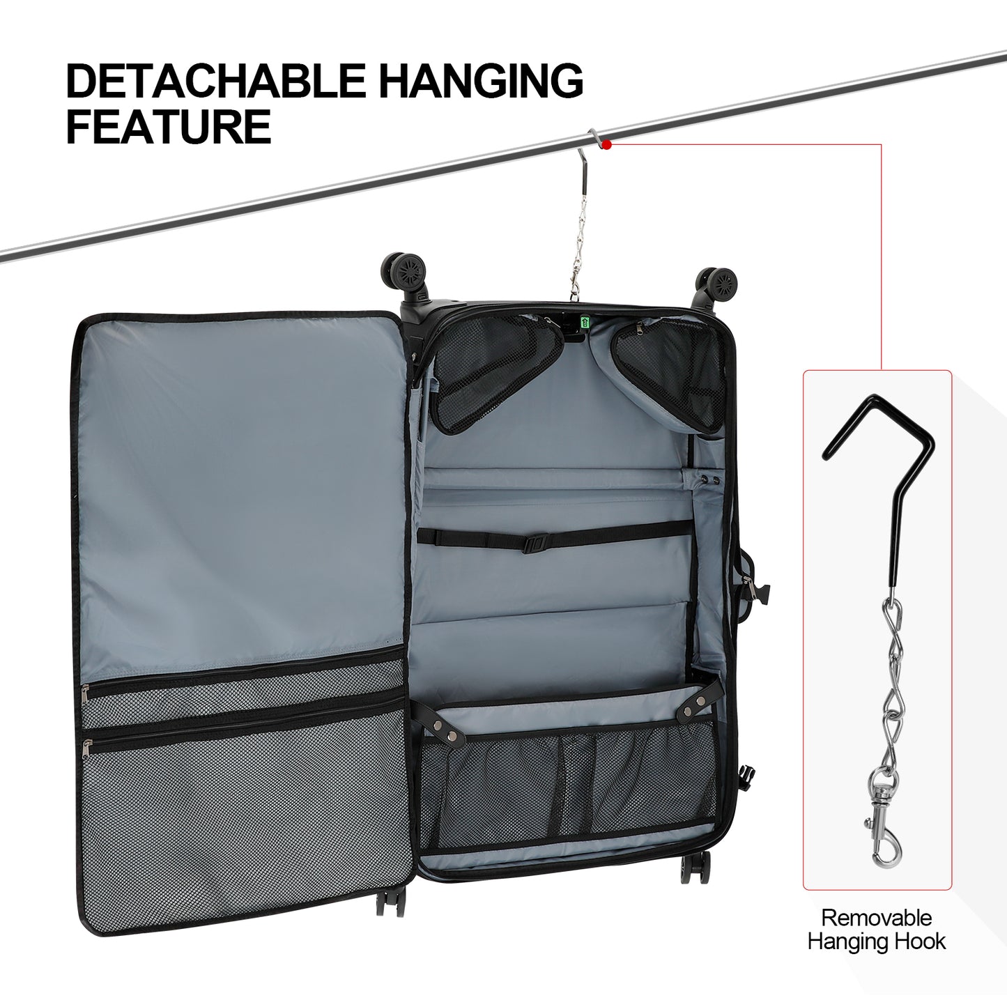 Gray suitcase with detachable hanging feature and removable hanging hook on a white background