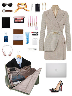 Collection of fashion and lifestyle items including a suit, shoes, and accessories on a white background.