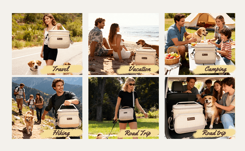 Collage of people with a cooler box in various outdoor settings.