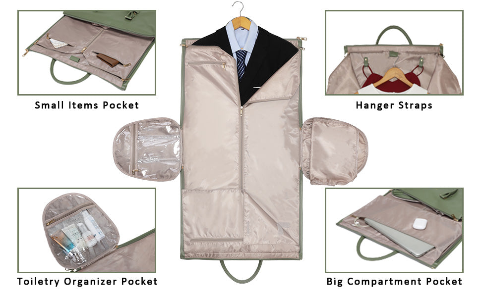 Gloverall garment bag with various compartments and features labeled.