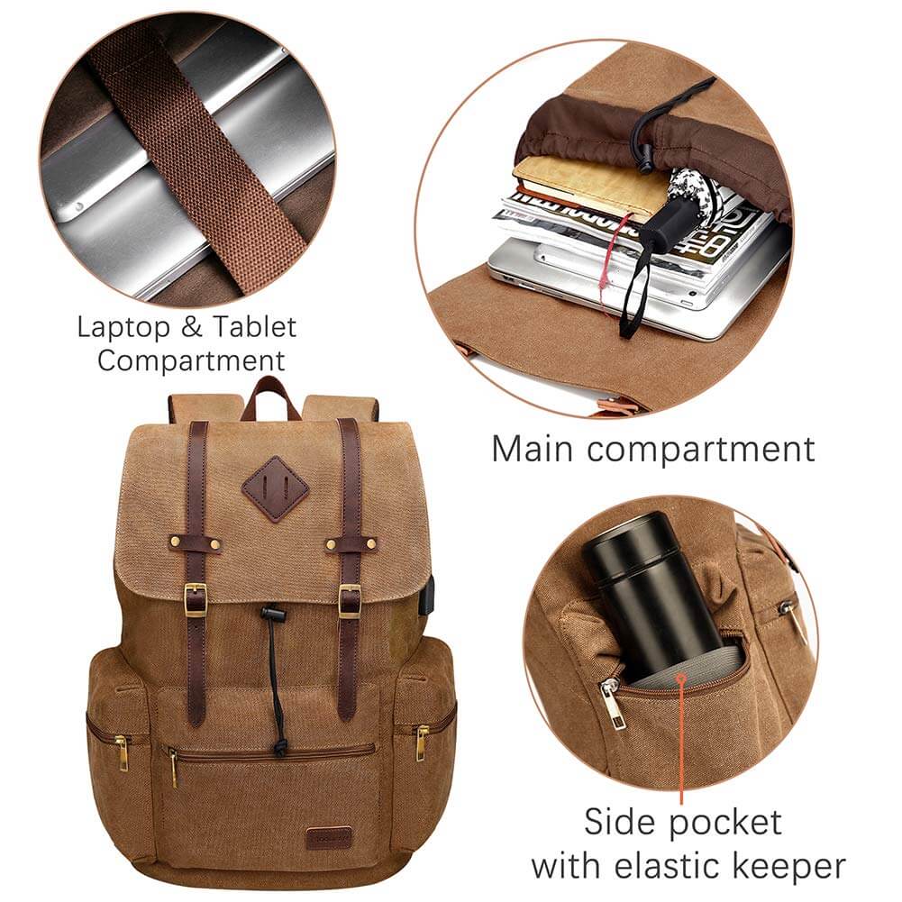 Canvas Leather Laptop Backpack with USB Charging Port - Modoker