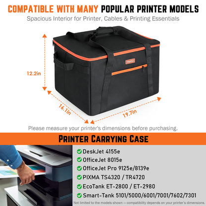 Padded Printer Carrying Case,Heavy Duty Water Resistant 600D Exterior Thick Padding & Multiple Pockets for Event Printers, Accessories & Cords