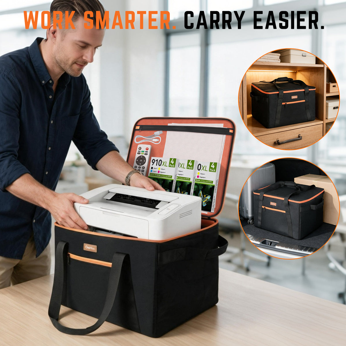 Padded Printer Carrying Case,Heavy Duty Water Resistant 600D Exterior Thick Padding & Multiple Pockets for Event Printers, Accessories & Cords