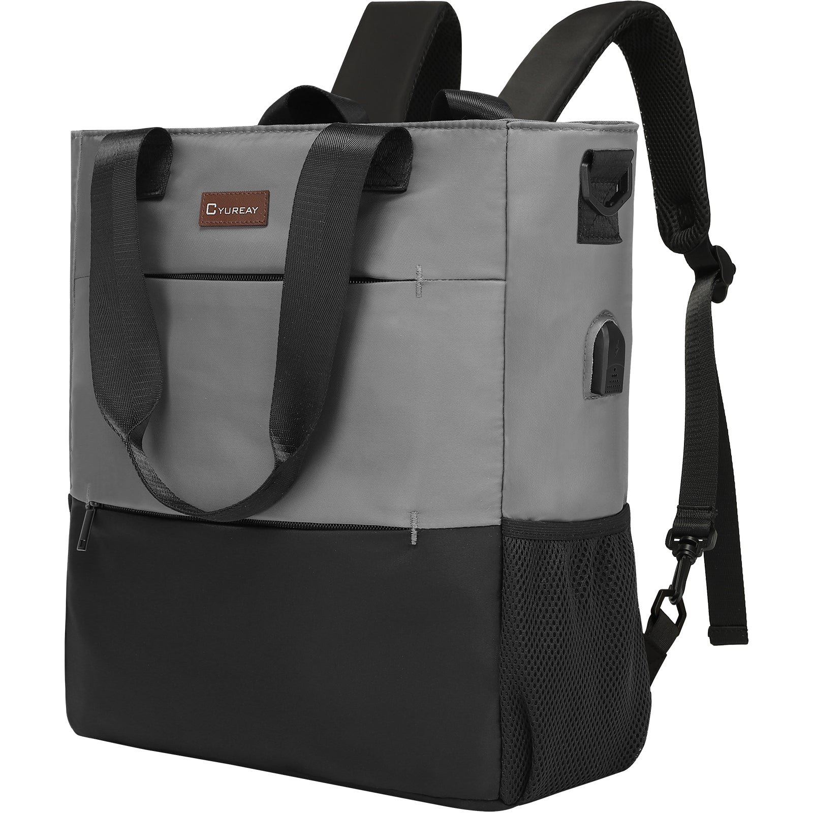 Gray and black backpack with a visible brand logo on a white background