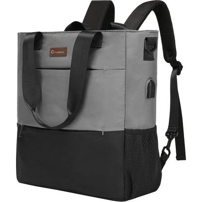 Gray and black backpack with a visible brand logo on a white background