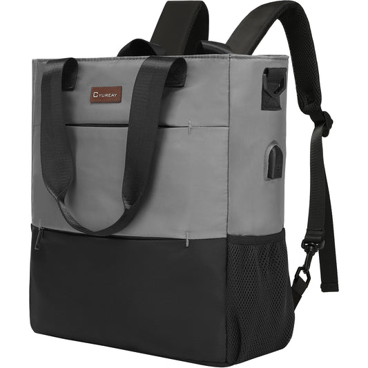 Gray and black backpack with a visible brand logo on a white background