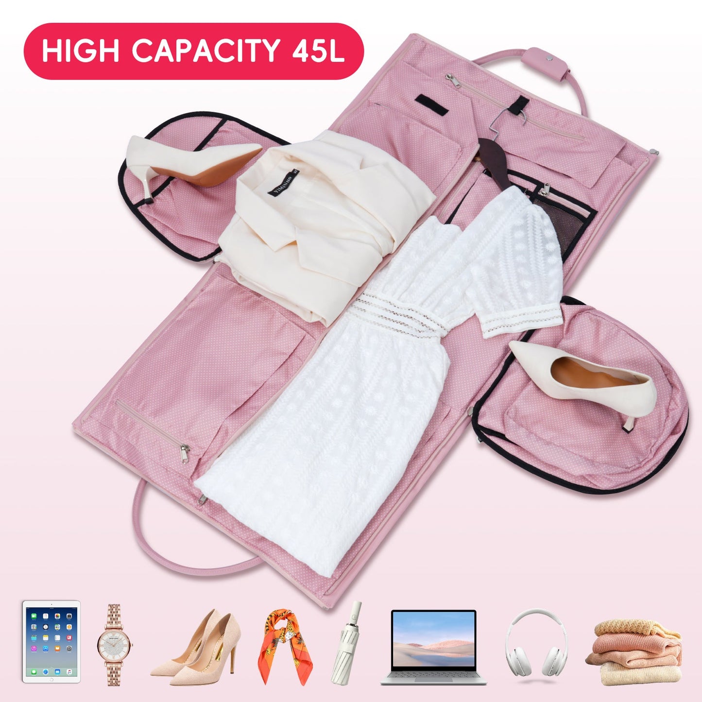 Modoker Leather Garment Bag for Travel – 2-in-1 Carry-On Suit Bag & Weekender for Men and Women – Wedding Dress Luggage with Shoe Compartment & Shoulder Strap – Ideal for Business Trips, Pink Modoker