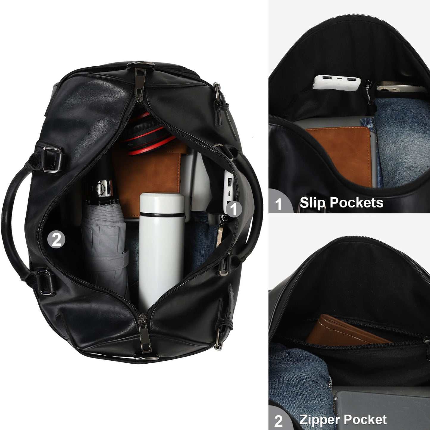 Black duffel bag with slip pockets and zipper pocket compartments.