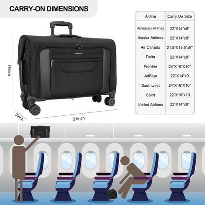 Black carry-on suitcase with dimensions and airline size guidelines, shown on a plane seat illustration.