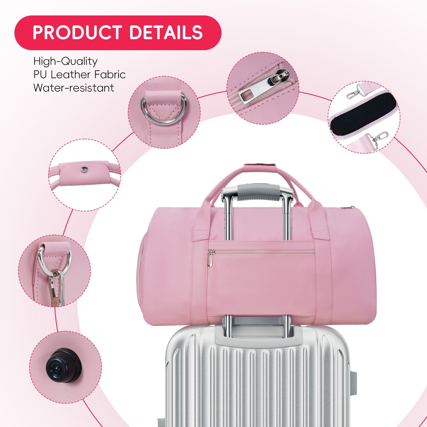 Modoker Leather Garment Bag for Travel – 2-in-1 Carry-On Suit Bag & Weekender for Men and Women – Wedding Dress Luggage with Shoe Compartment & Shoulder Strap – Ideal for Business Trips, Pink Modoker