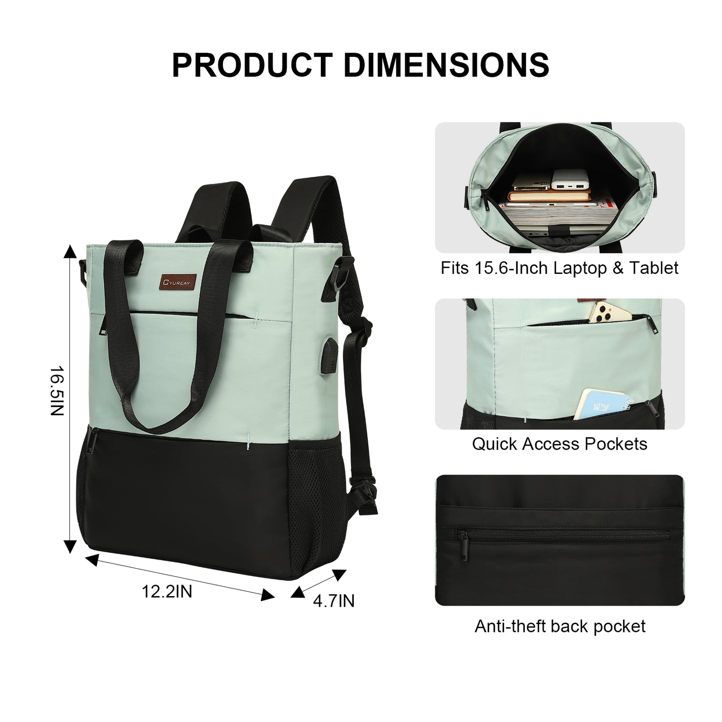 Backpack with dimensions and features on a white background
