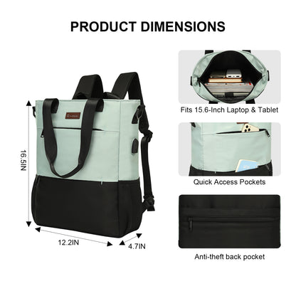 Backpack with dimensions and features on a white background