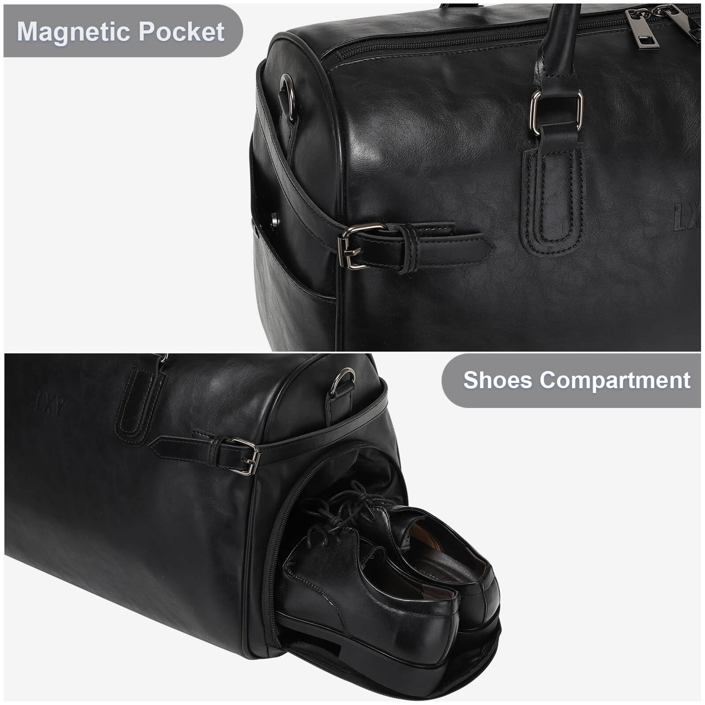 Black leather duffel bag with magnetic pocket and shoes compartment feature.