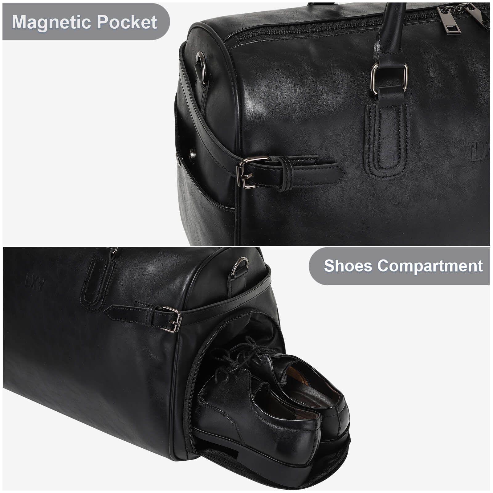 Black leather duffel bag with magnetic pocket and shoes compartment feature.