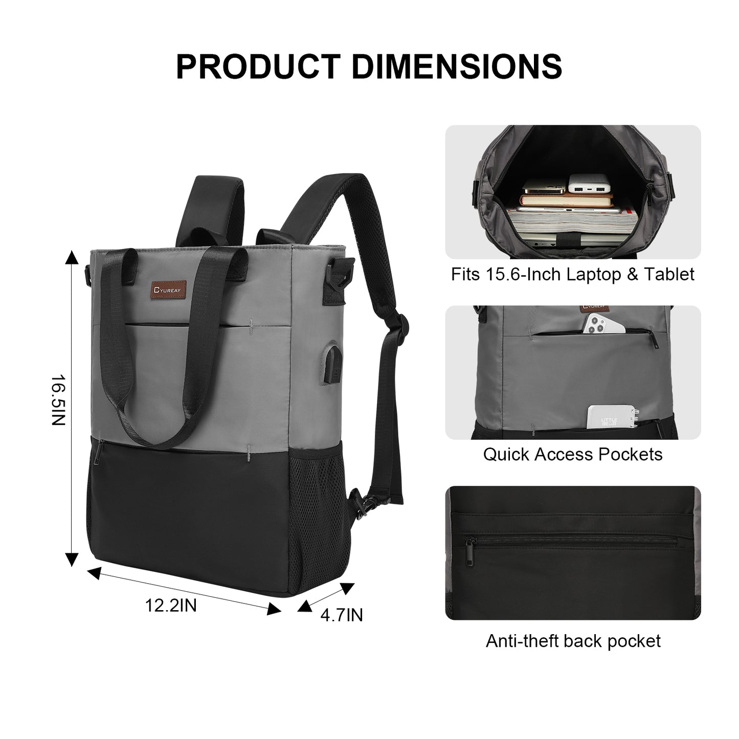 Backpack with dimensions and features on a white background