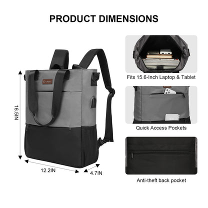 Backpack with dimensions and features on a white background