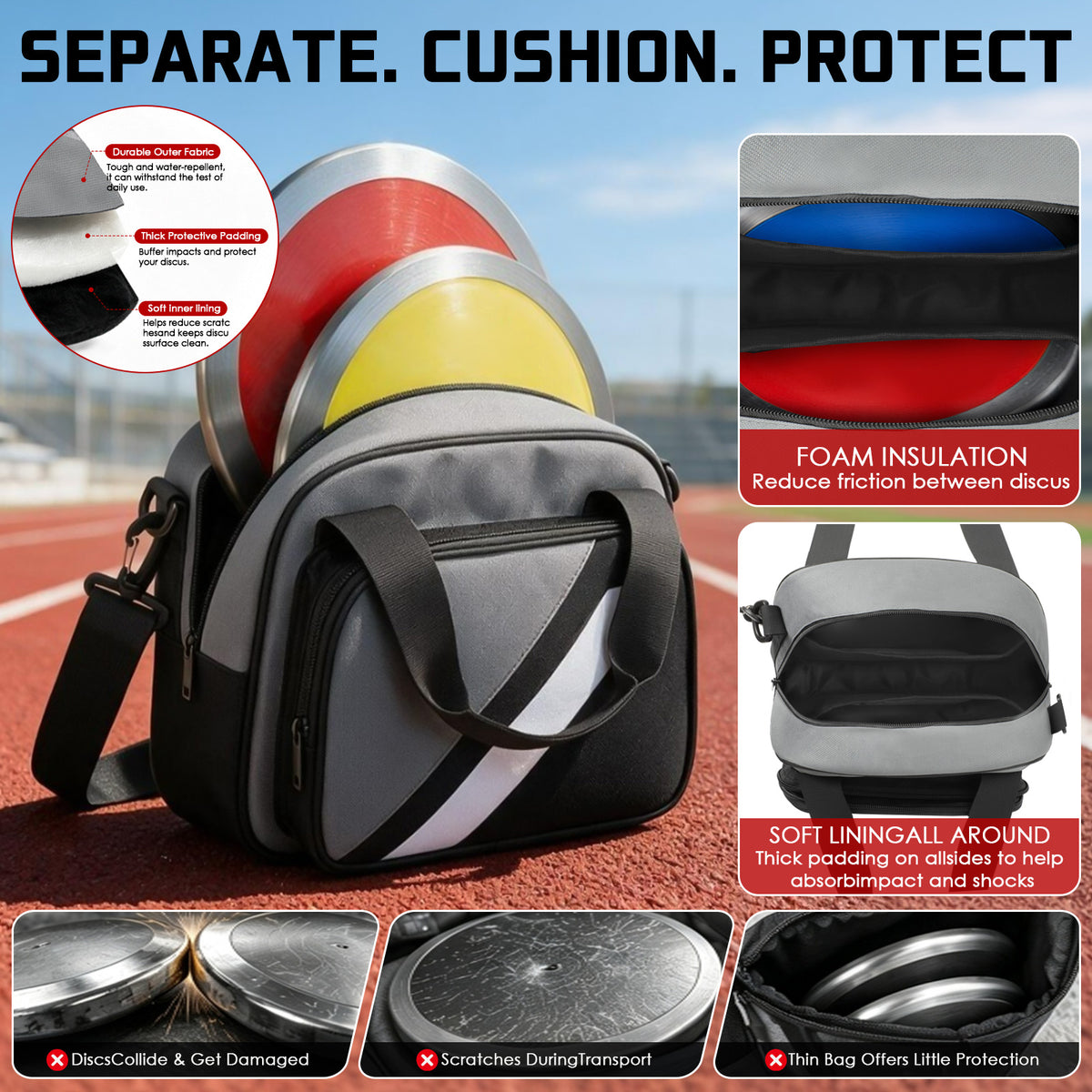 Competition-Ready Discus Carry Bag for 2 Discus with Padded Storage, Shoulder Strap & Front Pocket for Track Meets and Training