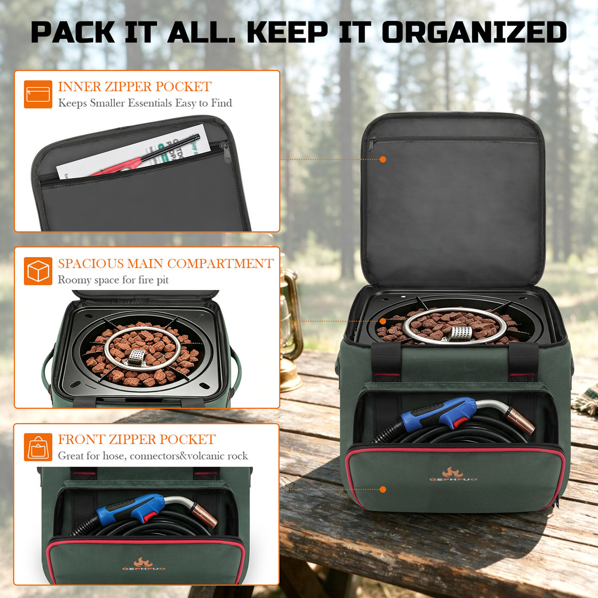 14-Inch Square Fire Pit Carry Bag with Water-Resistant Bottom, Easy-Carry Handles & Zipper Closure for Camping and Travel