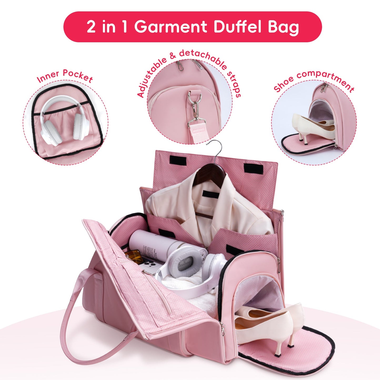 Modoker Leather Garment Bag for Travel – 2-in-1 Carry-On Suit Bag & Weekender for Men and Women – Wedding Dress Luggage with Shoe Compartment & Shoulder Strap – Ideal for Business Trips, Pink Modoker