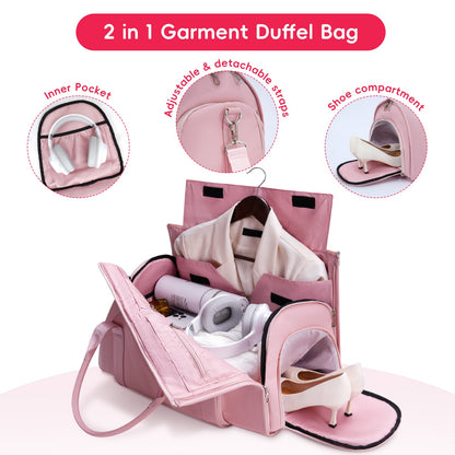 Modoker Leather Garment Bag for Travel – 2-in-1 Carry-On Suit Bag & Weekender for Men and Women – Wedding Dress Luggage with Shoe Compartment & Shoulder Strap – Ideal for Business Trips, Pink Modoker