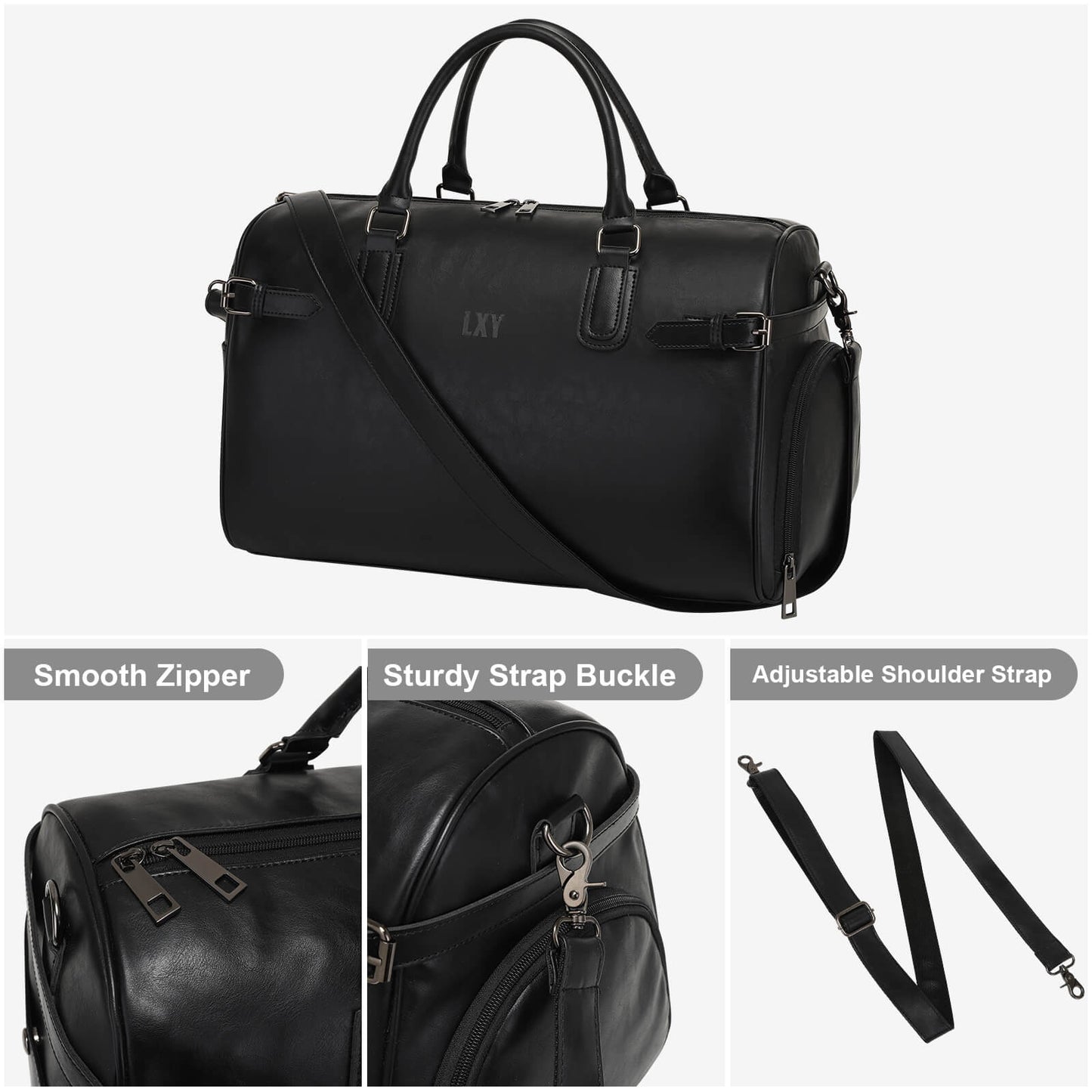 Black duffel bag with features highlighted on a white background