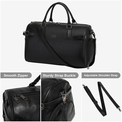 Black duffel bag with features highlighted on a white background