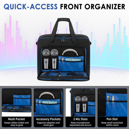 Padded Audio Equipment Carrying Case with Multi-Pocket Storage for Microphones, Cables & Accessories