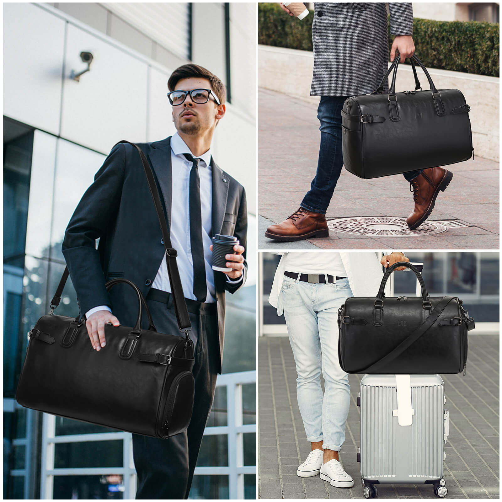 Collage of a man holding a black leather duffel bag in various settings.