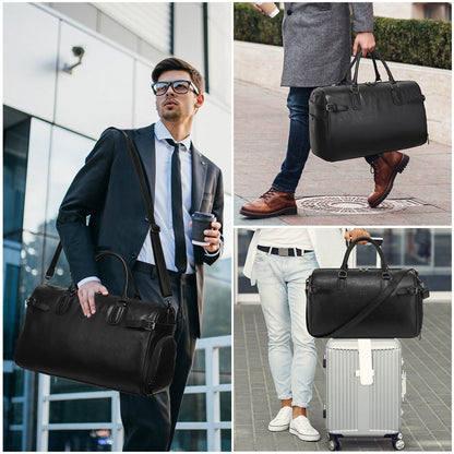 Collage of a man holding a black leather duffel bag in various settings.