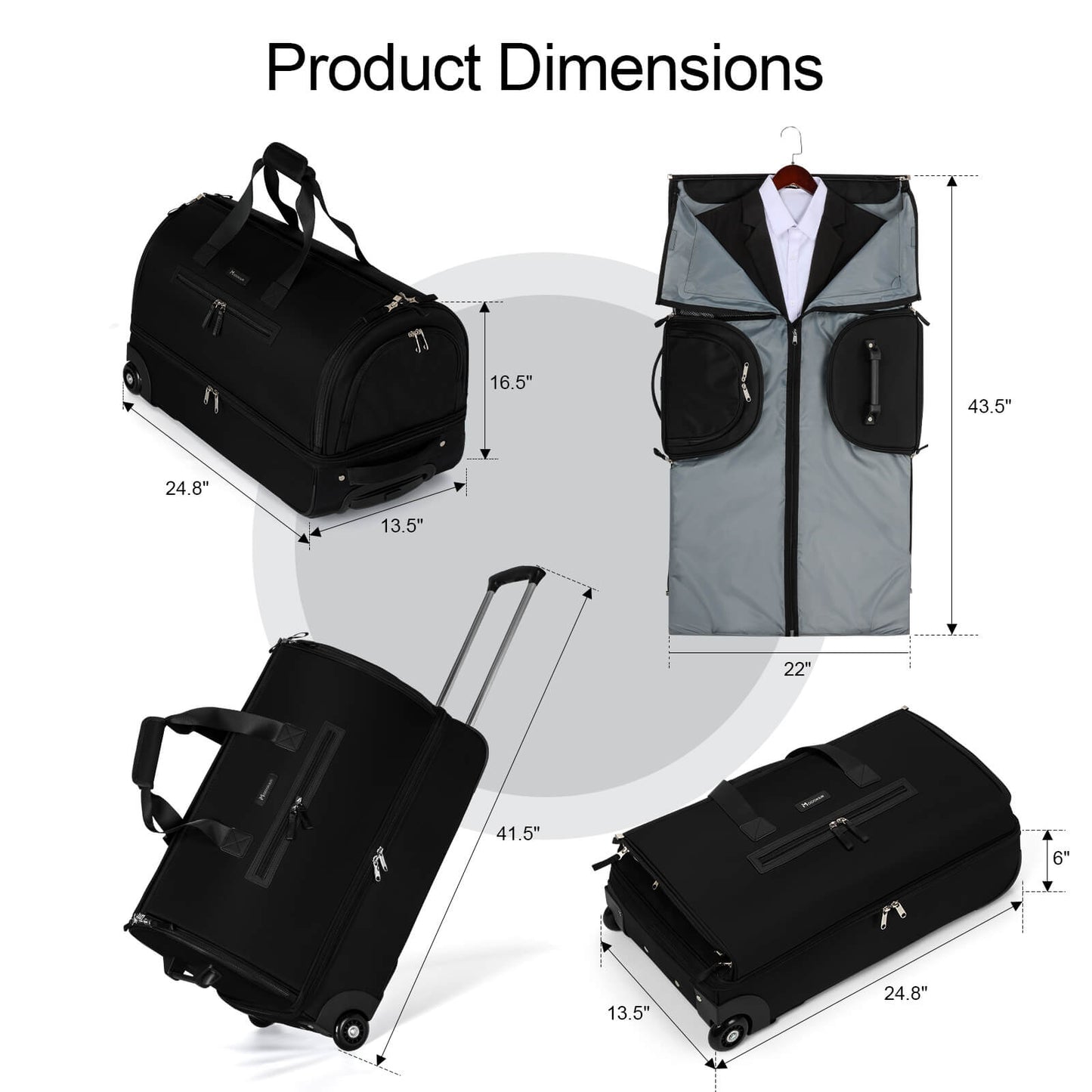 Modoker Convertible Rolling Garment Bag for Travel, Suit Travel Bag with Trolley, Garment Duffel Bag with Wheels & Shoes Compartment for Business Trip, Weekender