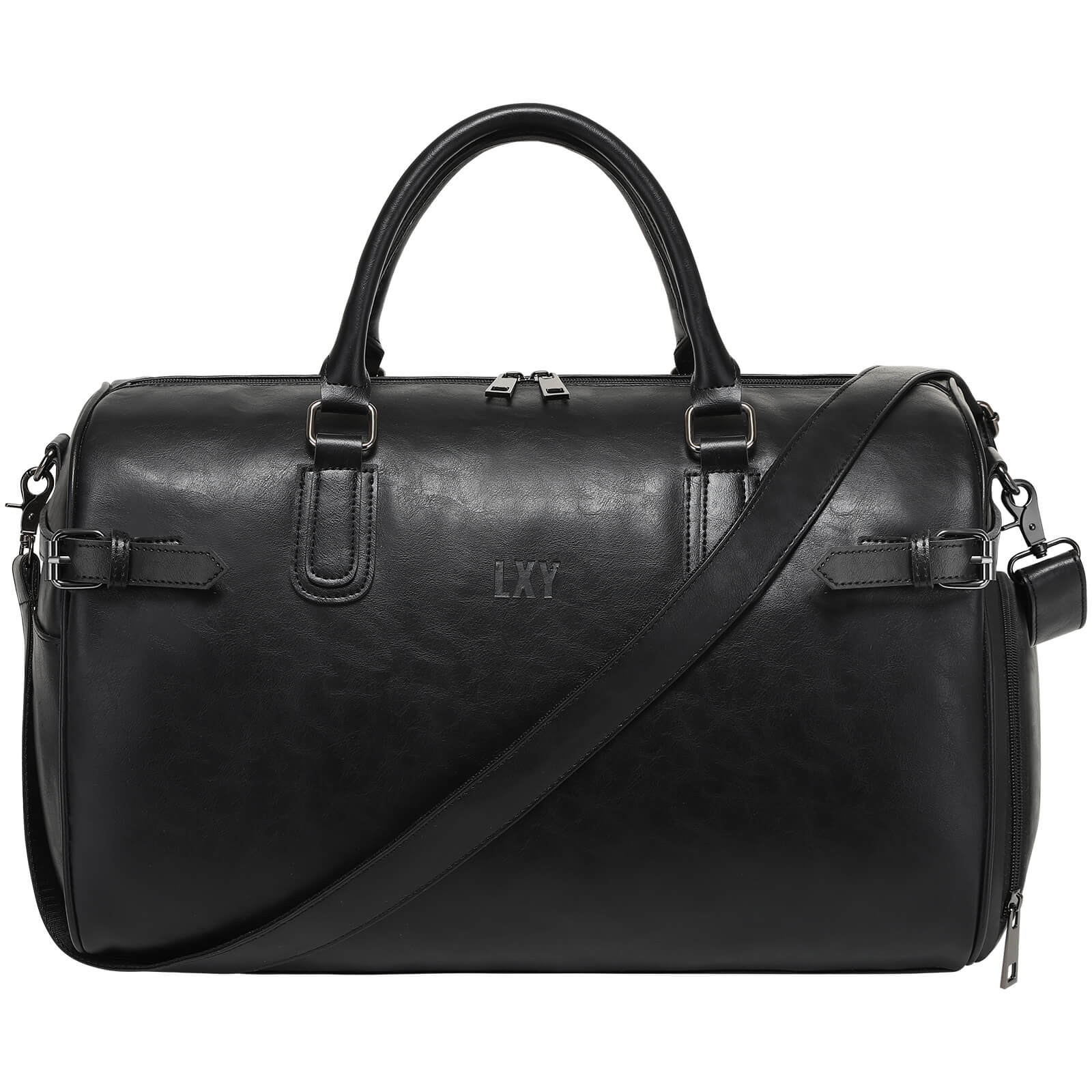 Black leather duffel bag with shoulder strap on a white background