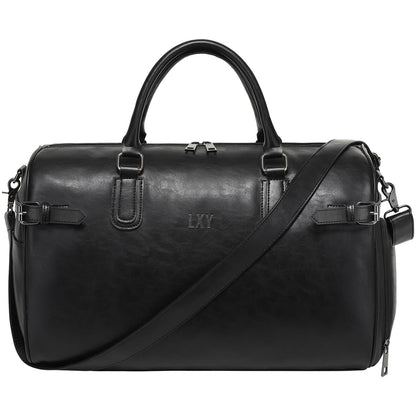 Black leather duffel bag with shoulder strap on a white background