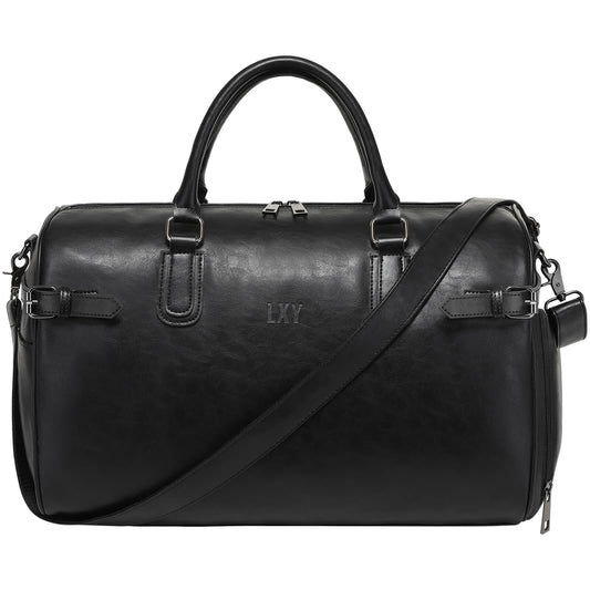 Black leather duffel bag with shoulder strap on a white background