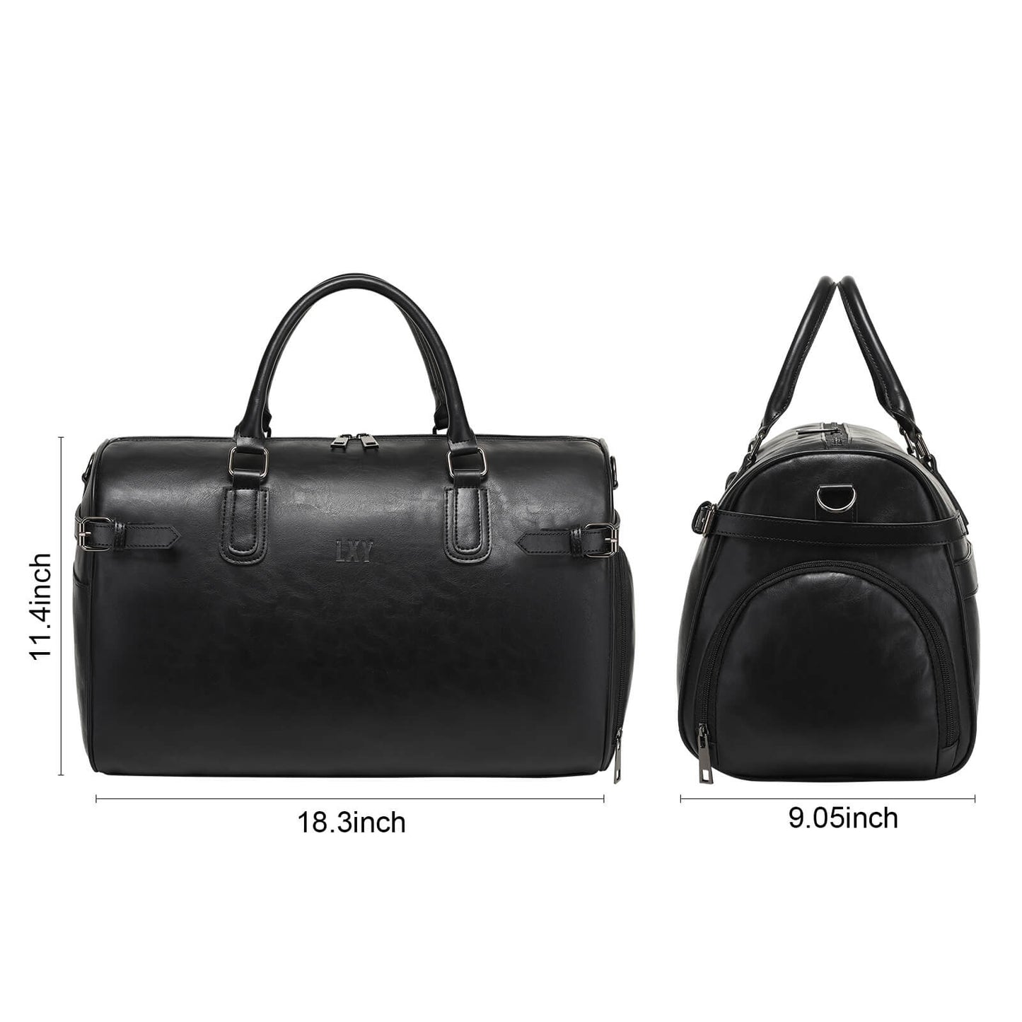 Two black leather bags with measurements on a white background
